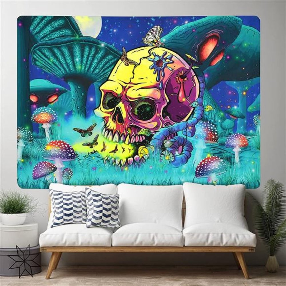 Trippy Mushroom Tapestry Skull Skeleton Tapestry Fantasy Plants Tapestry